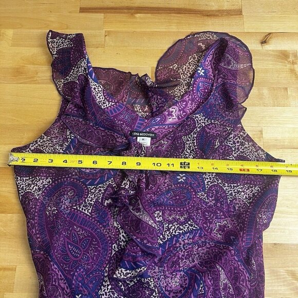 Lena Medoyeff Maxi Dress 100%‎ Silk Purple Paisley V-Neck Ruffle Layered Size 6 - Picture 9 of 11